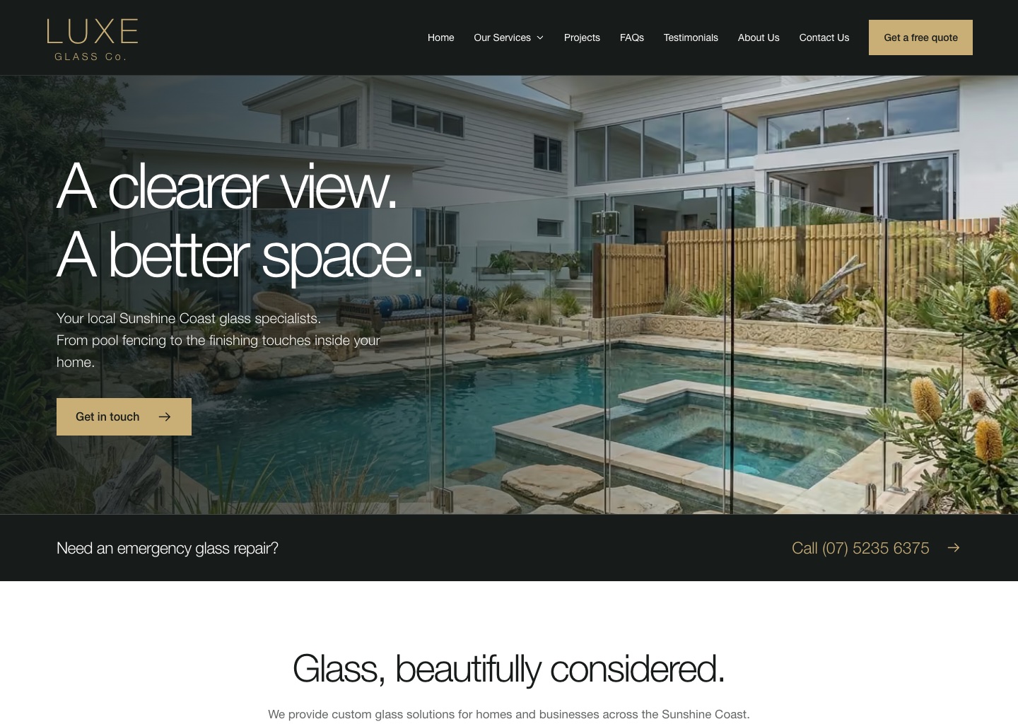 LUXE Glass Co. website featuring a coastal home with frameless glass pool fencing